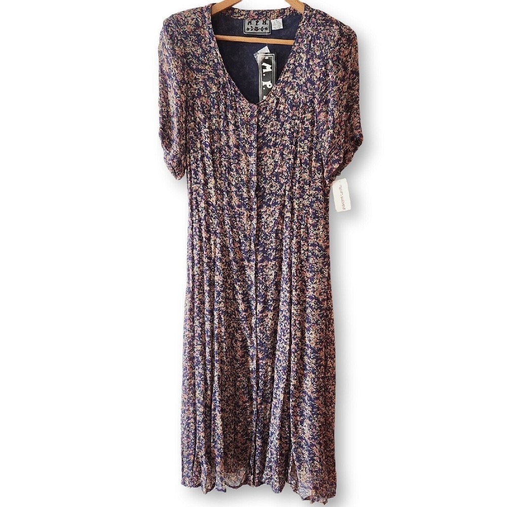 M.P.H. Floral Blue Pink Dress 90s Gypsy Prairie Boho Tie Back Maxi Size M NWT